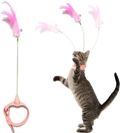 Cat Collar Toy, New Premium Teasing Wand with Colorful Natural Feathers and Bell, Lightweight Silicone for Extra Comfort, Interactive Self Playing Toys for Indoor Kittens