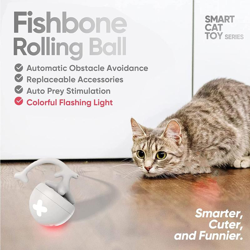 Fishbone Rolling Ball Pet Toy Cat Toy Interactive Indoor Pet Toy Kicker with Catnip Kitten Electric Cat Toy Ball 2 Accessories USB Rechargeable