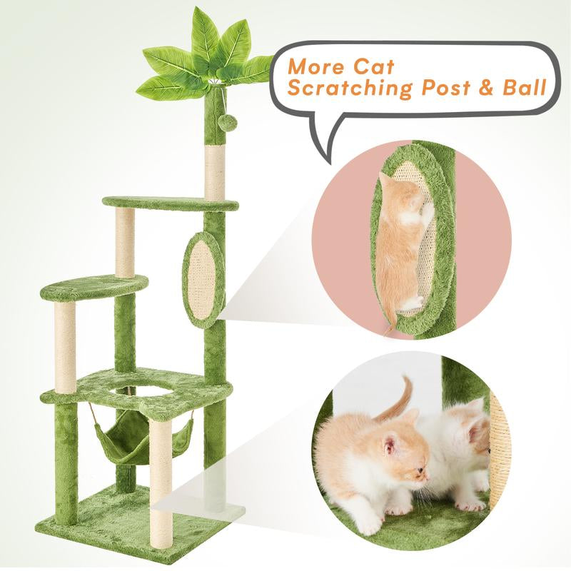 Wecharmer 55" Cat Tree / Tower for Indoor with Green Leaves, Cat Condo Cozy Plush House with Hang Ball, Pet Furniture with Scratching Posts Cat Tree