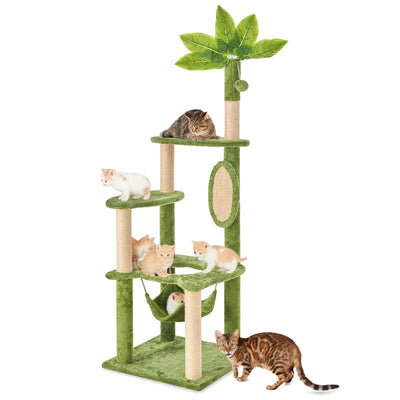 Wecharmer 55" Cat Tree / Tower for Indoor with Green Leaves, Cat Condo Cozy Plush House with Hang Ball, Pet Furniture with Scratching Posts Cat Tree
