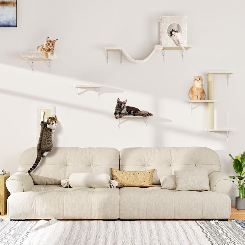 [Dealsforyoudays] 5-Piece Wall Mounted Cat Climbing Set – Soft House, Cat Scratching Board, Cat Tree, Cat Hammock & Cat Juamping Platform[Fathersdaygift]