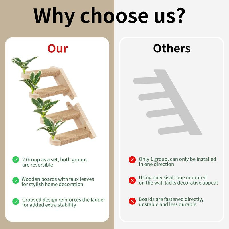 2 Packs Cat Wall Steps Cat Steps for Wall Cat Stairs for Wall Cat Shelves Wall Mounted Cat Climbing Stairs Shelf with Jute Scratching and Leaf Cat Wall Furniture Cat Ladder for Wall Cat Wall Stairs L