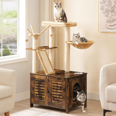 HOOBRO Cat Tree with Litter Box Enclosure, 44" Tall Wooden Cat Tower with Scratching Posts, Cat Hammock, Hidden Litter Box Furniture, All-In-One Indoor Cat Condo, Rustic Brown#Springtok