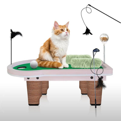 8-In-1 Cat Golf Table Set: Cat Tree Tower with Scratching Post, Catnip Pillows, Feather Wand, Feeder & Furniture for Indoor Cat Scratching Ramp
