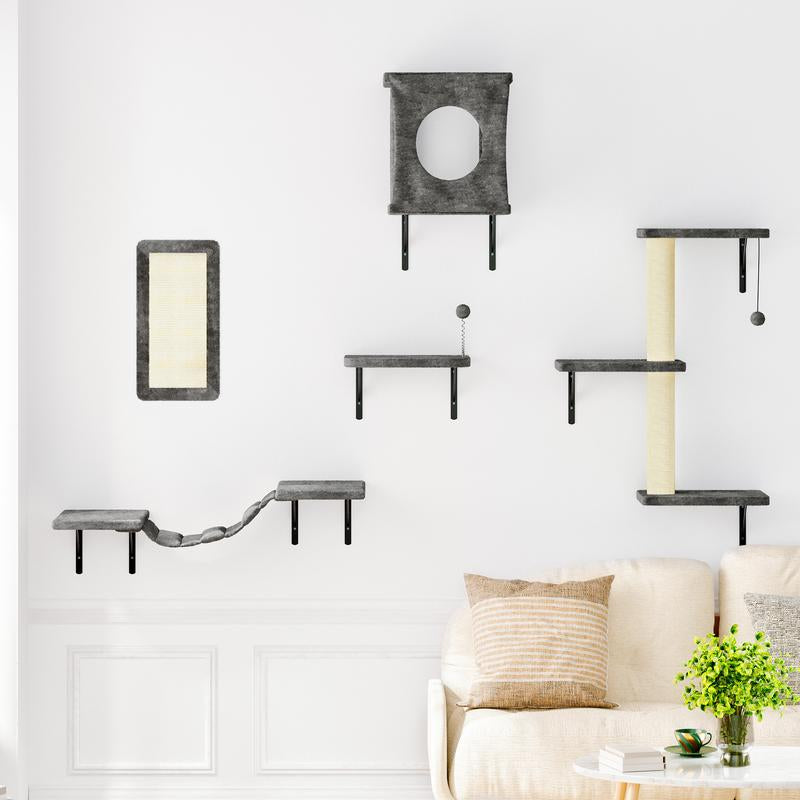 [Dealsforyoudays] 5-Piece Wall Mounted Cat Climbing Set – Soft House, Cat Scratching Board, Cat Tree, Cat Hammock & Cat Juamping Platform[Fathersdaygift]