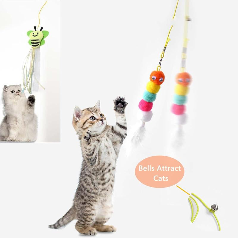 5 PCS Interchangeable Teaser Wand Cat Toy, Hanging Cat Feather Toys, Telescopic Interactive Cat Toys for Indoor Cats