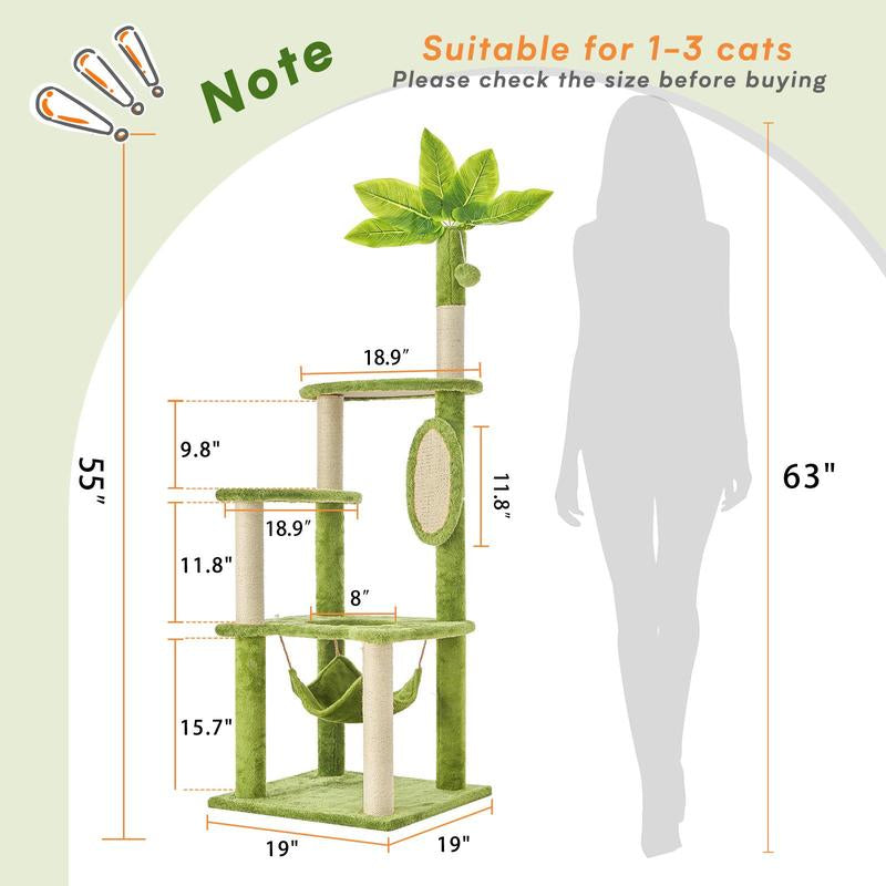 Wecharmer 55" Cat Tree / Tower for Indoor with Green Leaves, Cat Condo Cozy Plush House with Hang Ball, Pet Furniture with Scratching Posts Cat Tree