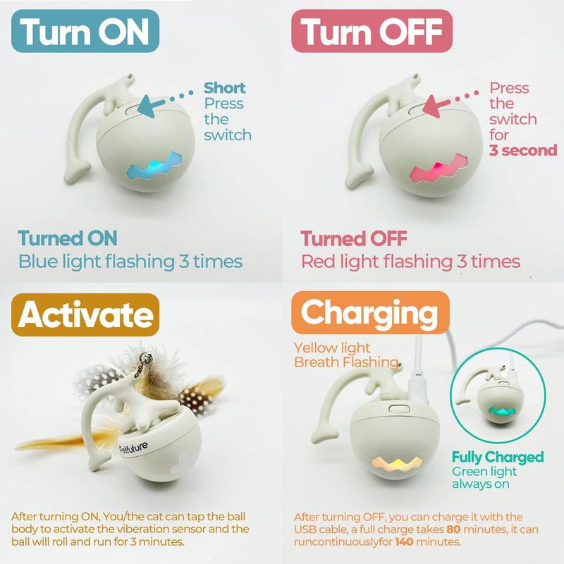 Fishbone Rolling Ball Pet Toy Cat Toy Interactive Indoor Pet Toy Kicker with Catnip Kitten Electric Cat Toy Ball 2 Accessories USB Rechargeable