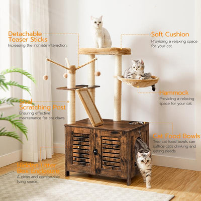HOOBRO Cat Tree with Litter Box Enclosure, 44" Tall Wooden Cat Tower with Scratching Posts, Cat Hammock, Hidden Litter Box Furniture, All-In-One Indoor Cat Condo, Rustic Brown#Springtok