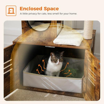 Cat Tree with Litter Box Enclosure, 50" Modern Cat Tree for Large/Fat Cats with Cat Condo, Wooden Cat Furniture with Large Hammock and Top Perch, Complimentary Cat Litter Box，Brown