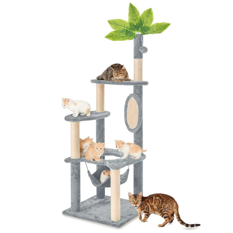 Wecharmer 55" Cat Tree / Tower for Indoor with Green Leaves, Cat Condo Cozy Plush House with Hang Ball, Pet Furniture with Scratching Posts Cat Tree