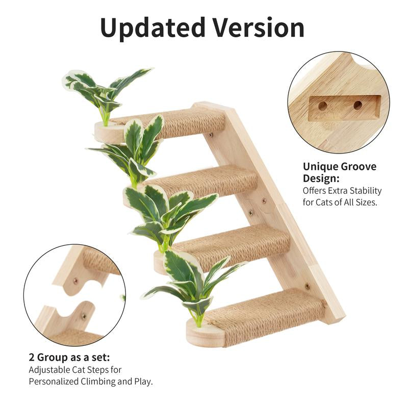 2 Packs Cat Wall Steps Cat Steps for Wall Cat Stairs for Wall Cat Shelves Wall Mounted Cat Climbing Stairs Shelf with Jute Scratching and Leaf Cat Wall Furniture Cat Ladder for Wall Cat Wall Stairs L