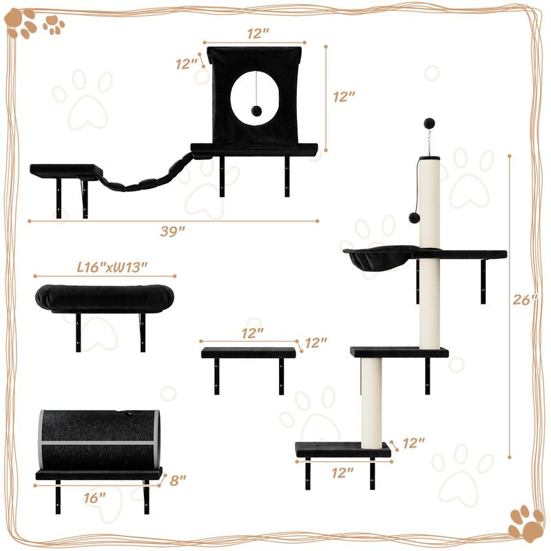 [Dealsforyoudays] 7-In-1 Wall Mounted Cat Climber Set with Cat House, Tunnel, Bridge, Tree, Steps, Scratcher Board & Hammock, Indoor Cat Shelves for Luxury Kitty