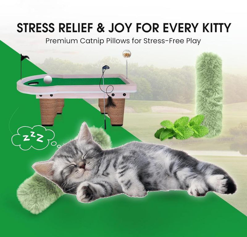 8-In-1 Cat Golf Table Set: Cat Tree Tower with Scratching Post, Catnip Pillows, Feather Wand, Feeder & Furniture for Indoor Cat Scratching Ramp