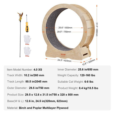 VEVOR Cat Exercise Wheel, Large Cat Treadmill Wheel for Indoor Cats, 29.5 Inch Cat Running Wheel with Detachable Carpet and Cat Teaser for Running/Walking/Training, Suitable for Most Cats