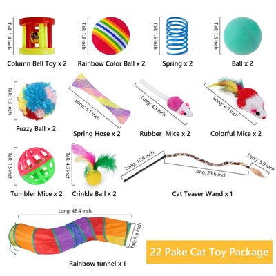 Cat Toys Set - 22Pcs Interactive Cat Toys for Kittens & Indoor Cats with Rainbow Tunnel, Feather Teaser Wand, Sisal Mice, Bell Balls & Crinkle Balls
