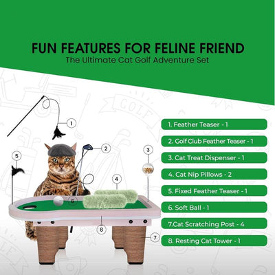 8-In-1 Cat Golf Table Set: Cat Tree Tower with Scratching Post, Catnip Pillows, Feather Wand, Feeder & Furniture for Indoor Cat Scratching Ramp
