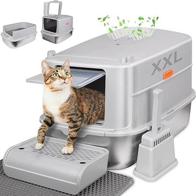 #Dealsforyoudays #Dealsforyou Odor-Control Stainless Steel Cat Litter Box,Xl Large 4-In-1 Cat Metal Litter Box Set,Enclosed Removable Metal Litter Box with High Sided Enclosure,Cat Litter Mat & Scoop,Extremely Easy Cleaning Geoorood Pet