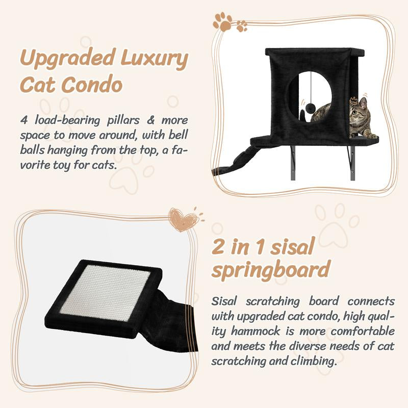 [Dealsforyoudays] 7-In-1 Wall Mounted Cat Climber Set with Cat House, Tunnel, Bridge, Tree, Steps, Scratcher Board & Hammock, Indoor Cat Shelves for Luxury Kitty