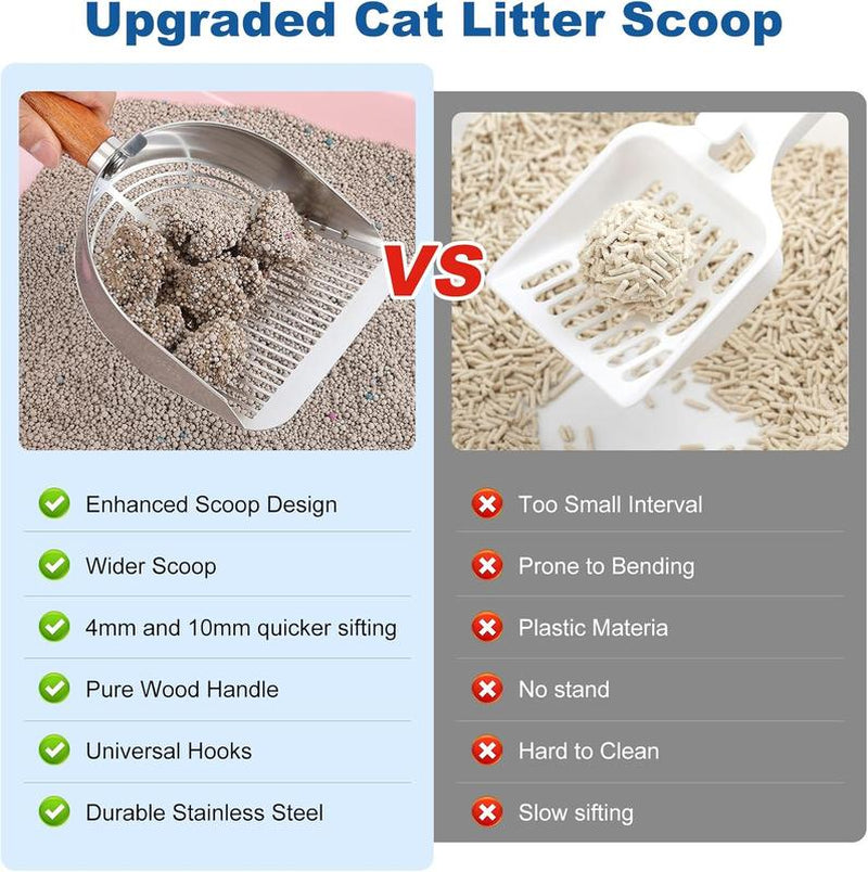 Misofog Cat Litter Scoop with Hook Heavy Duty Stainless Steel Sifter for Litter Box with Deep Shovel Durable Kitty Metal Scooper for Litter Box Kitten Pooper Lifter with 2 Different Width Sifter - Litterbox