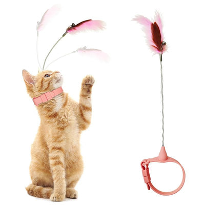 Cat Collar Toy, New Premium Teasing Wand with Colorful Natural Feathers and Bell, Lightweight Silicone for Extra Comfort, Interactive Self Playing Toys for Indoor Kittens