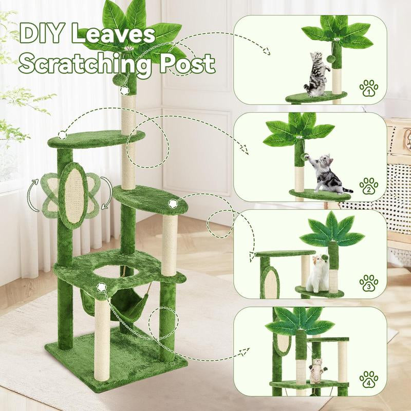Wecharmer 55" Cat Tree / Tower for Indoor with Green Leaves, Cat Condo Cozy Plush House with Hang Ball, Pet Furniture with Scratching Posts Cat Tree