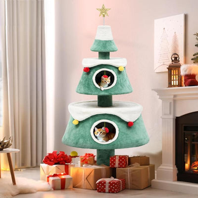 Yitahome 63" Christmas Cat Tree with Cat Teaser Toy, Cat Tower for Indoor Cats with 2 Cat House, Christmas Tree Design with Plush Ball for 2 Cat