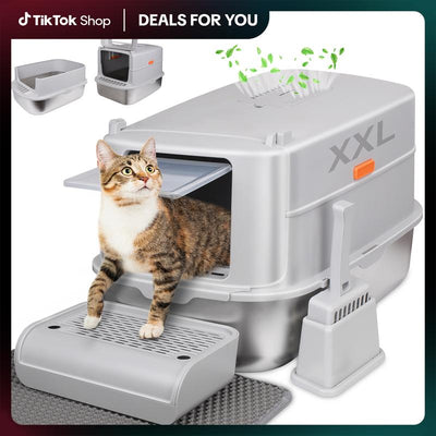 #Dealsforyoudays #Dealsforyou Odor-Control Stainless Steel Cat Litter Box,Xl Large 4-In-1 Cat Metal Litter Box Set,Enclosed Removable Metal Litter Box with High Sided Enclosure,Cat Litter Mat & Scoop,Extremely Easy Cleaning Geoorood Pet